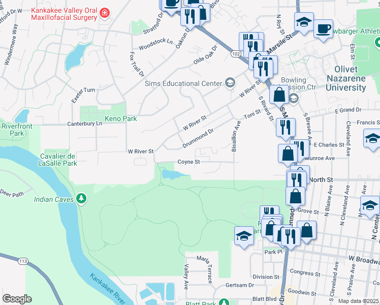 map of restaurants, bars, coffee shops, grocery stores, and more near 345 Villabrook Drive in Bourbonnais