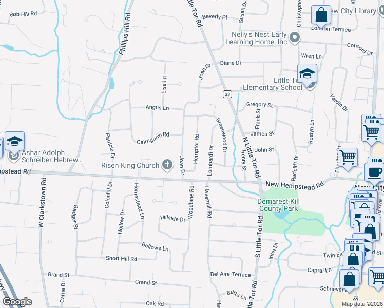 map of restaurants, bars, coffee shops, grocery stores, and more near 15 Hemptor Road in New City