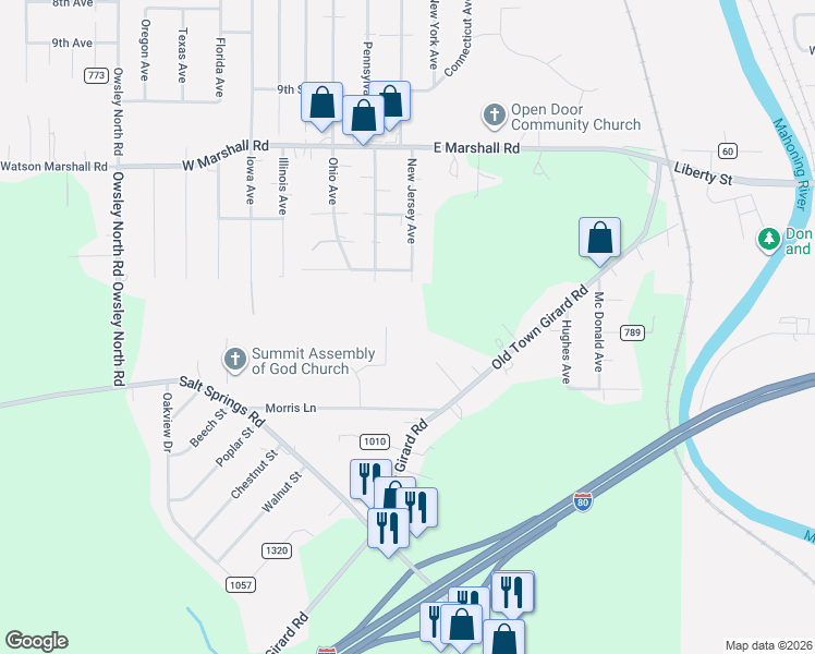 map of restaurants, bars, coffee shops, grocery stores, and more near 2732 Aspen Drive in Girard