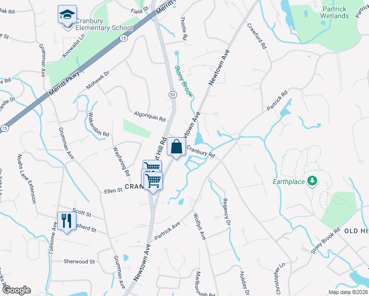 map of restaurants, bars, coffee shops, grocery stores, and more near 79 Cranbury Road in Norwalk