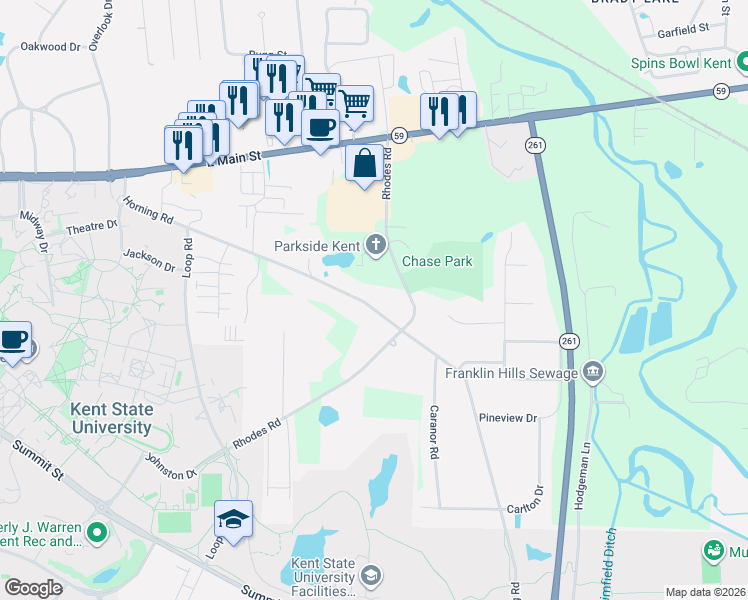 map of restaurants, bars, coffee shops, grocery stores, and more near 5847 Horning Road in Kent
