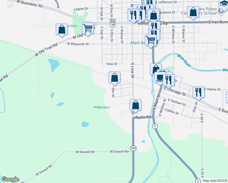 map of restaurants, bars, coffee shops, grocery stores, and more near Elm Street in Columbia City