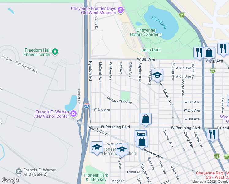 map of restaurants, bars, coffee shops, grocery stores, and more near 1215 Foyer Avenue in Cheyenne