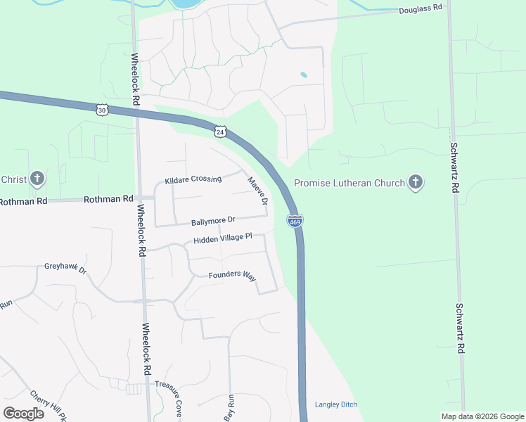 map of restaurants, bars, coffee shops, grocery stores, and more near 7300 Maeve Drive in Fort Wayne