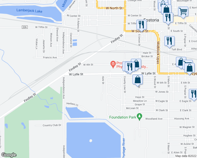 map of restaurants, bars, coffee shops, grocery stores, and more near 529 West Lytle Street in Fostoria