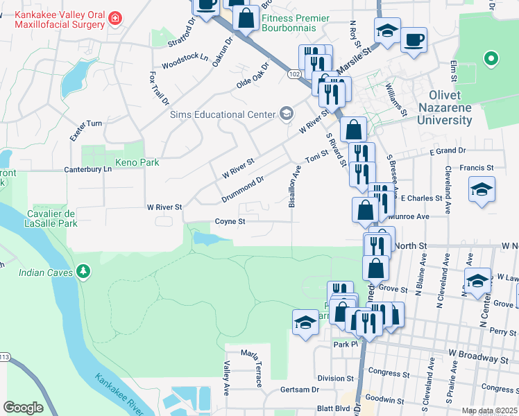 map of restaurants, bars, coffee shops, grocery stores, and more near 340 Villabrook Drive in Bourbonnais