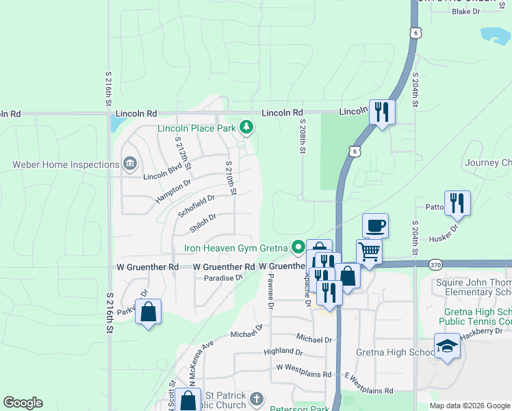 map of restaurants, bars, coffee shops, grocery stores, and more near 20906 Shiloh Circle in Gretna