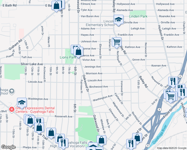 map of restaurants, bars, coffee shops, grocery stores, and more near 407 Lincoln Avenue in Cuyahoga Falls