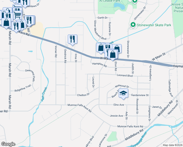 map of restaurants, bars, coffee shops, grocery stores, and more near 1252 Overbrook Drive in Kent