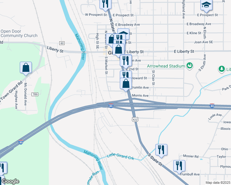 map of restaurants, bars, coffee shops, grocery stores, and more near 53 Hancock Street Southeast in Girard