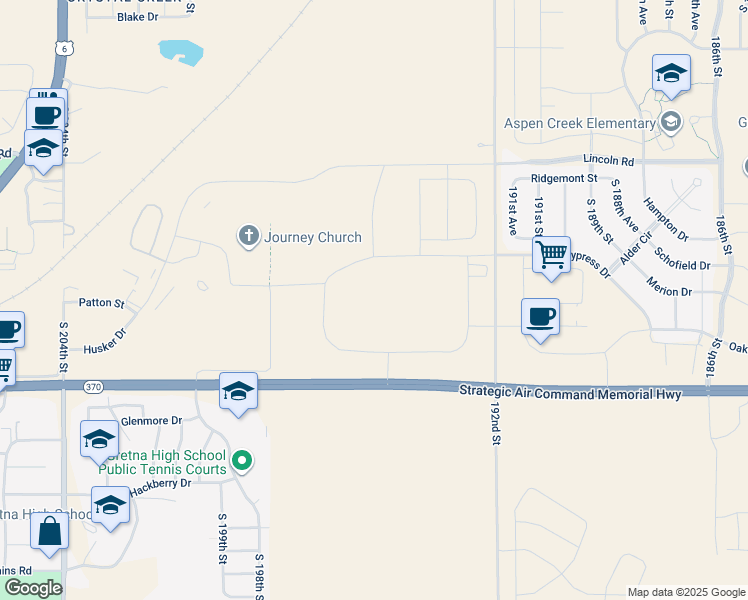map of restaurants, bars, coffee shops, grocery stores, and more near 19504 Nebraska 370 in Gretna