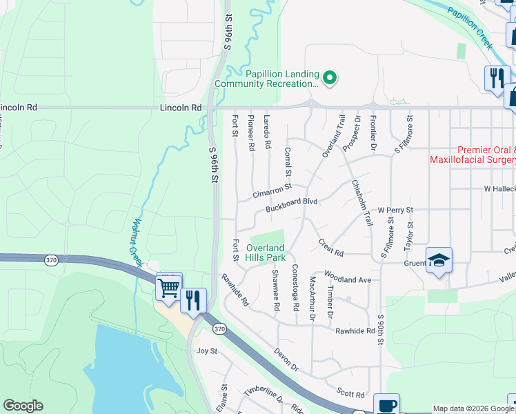 map of restaurants, bars, coffee shops, grocery stores, and more near 1206 Buckboard Boulevard in Papillion