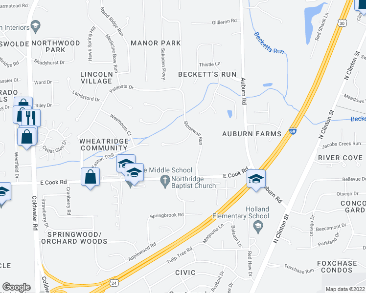 map of restaurants, bars, coffee shops, grocery stores, and more near 1328 Lakeland Cove in Fort Wayne