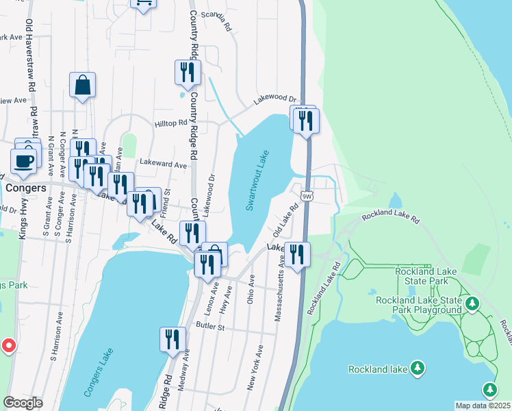 map of restaurants, bars, coffee shops, grocery stores, and more near 19 Old Lake Road in Congers
