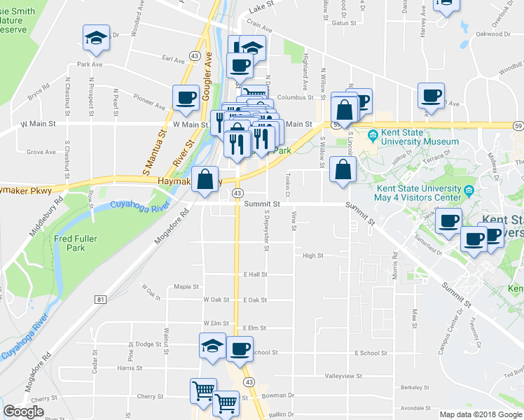 map of restaurants, bars, coffee shops, grocery stores, and more near 520 South Depeyster Street in Kent