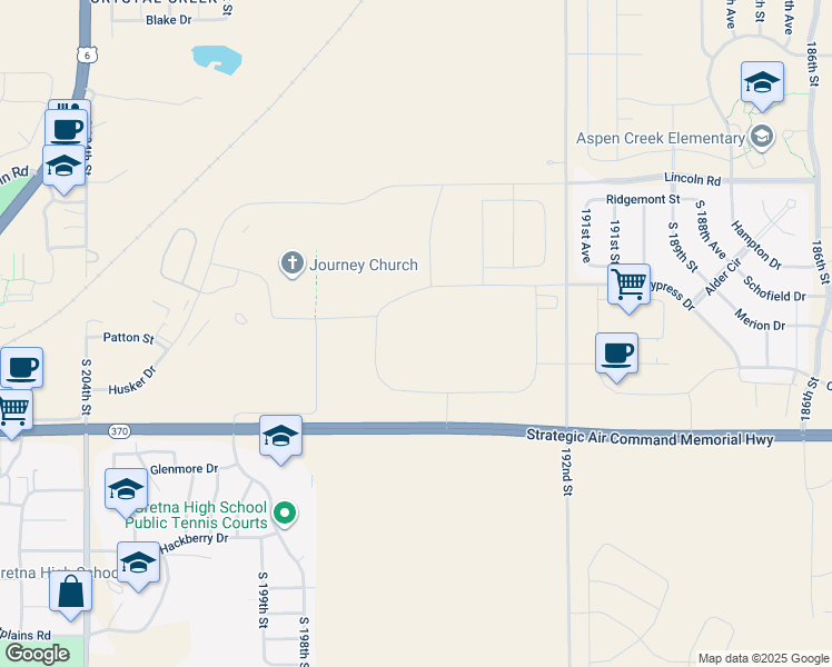 map of restaurants, bars, coffee shops, grocery stores, and more near 19504 Nebraska 370 in Gretna