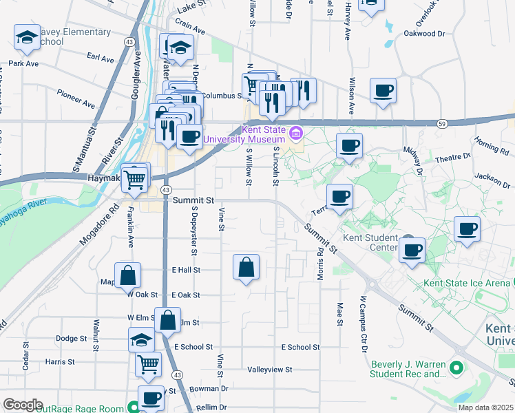 map of restaurants, bars, coffee shops, grocery stores, and more near 404 East Summit Street in Kent