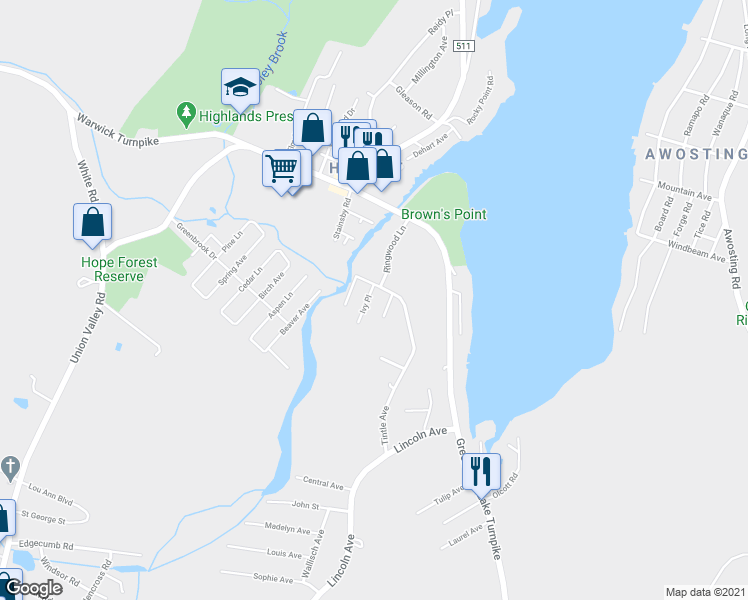 map of restaurants, bars, coffee shops, grocery stores, and more near 19 Quinty Place in West Milford