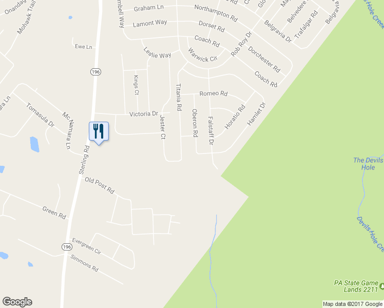 map of restaurants, bars, coffee shops, grocery stores, and more near 1605 Oberon Road in Tobyhanna