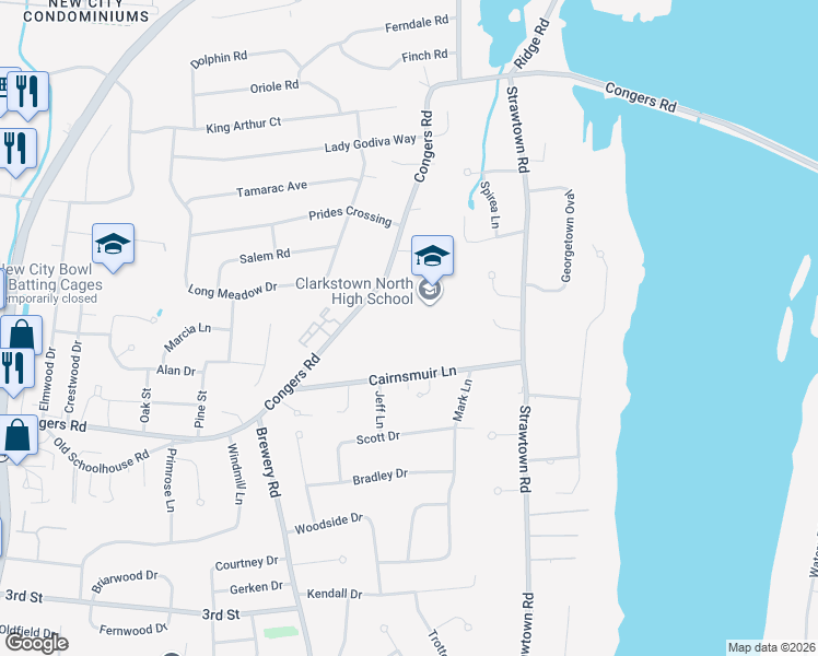 map of restaurants, bars, coffee shops, grocery stores, and more near 151 Congers Road in New City