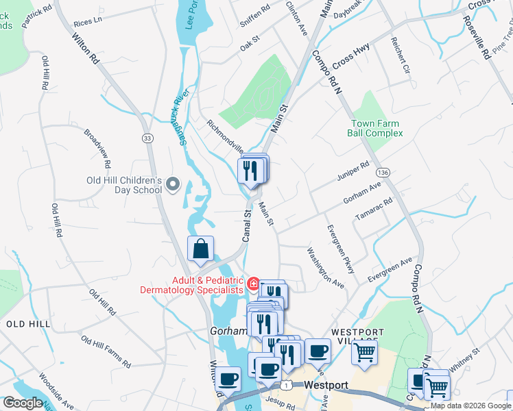 map of restaurants, bars, coffee shops, grocery stores, and more near 305 Main Street in Westport