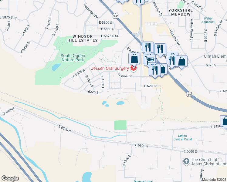 map of restaurants, bars, coffee shops, grocery stores, and more near 1409 East 6175 South in South Ogden