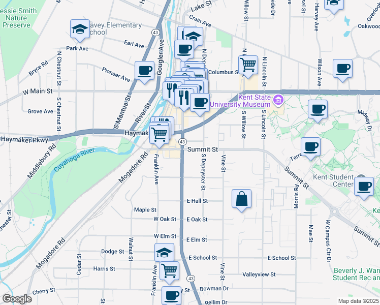 map of restaurants, bars, coffee shops, grocery stores, and more near 520 South Depeyster Street in Kent