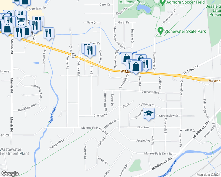 map of restaurants, bars, coffee shops, grocery stores, and more near 1252 Overbrook Drive in Kent
