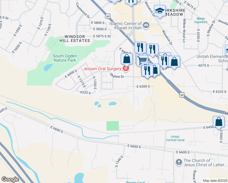map of restaurants, bars, coffee shops, grocery stores, and more near 6206 South 1450 East in South Ogden