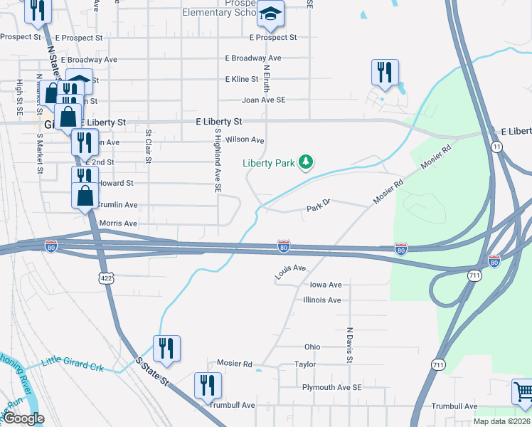 map of restaurants, bars, coffee shops, grocery stores, and more near 201 South Elruth Avenue in Girard