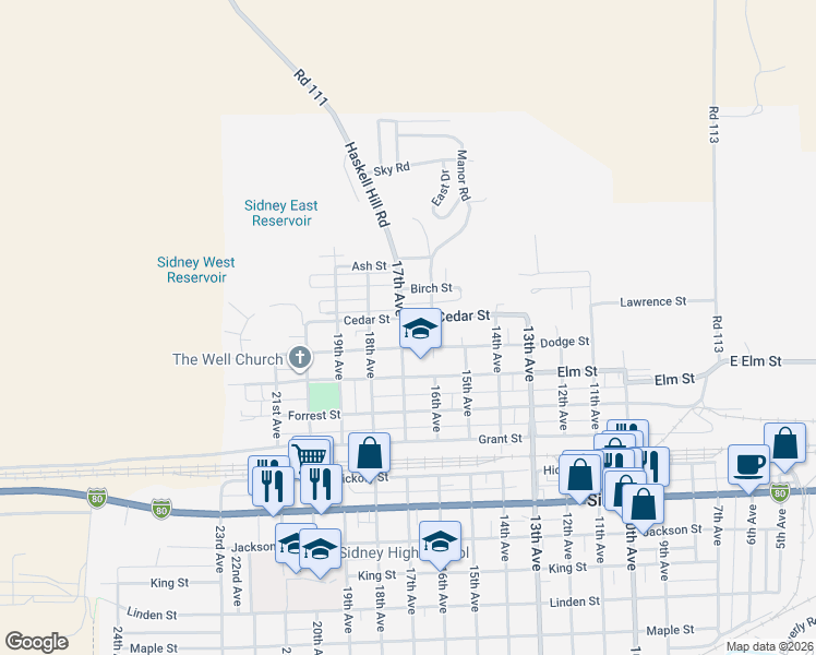 map of restaurants, bars, coffee shops, grocery stores, and more near 1600-1698 Dodge Street in Sidney