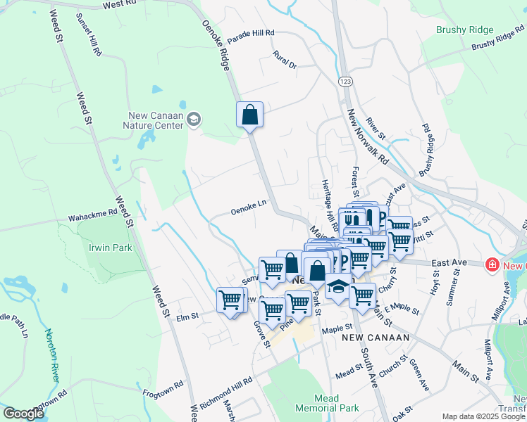 map of restaurants, bars, coffee shops, grocery stores, and more near 20 Oenoke Lane in New Canaan