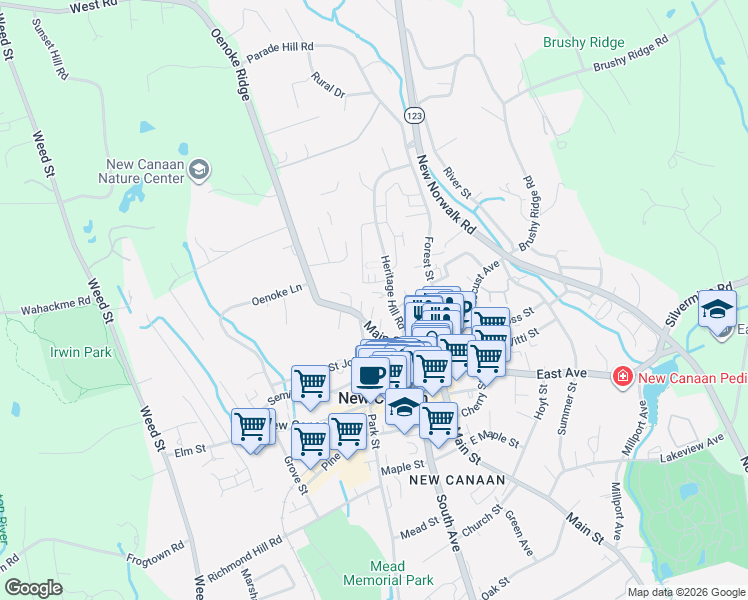 map of restaurants, bars, coffee shops, grocery stores, and more near 12 Main Street in New Canaan