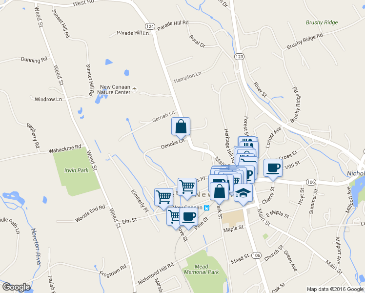 map of restaurants, bars, coffee shops, grocery stores, and more near 20 Oenoke Lane in New Canaan