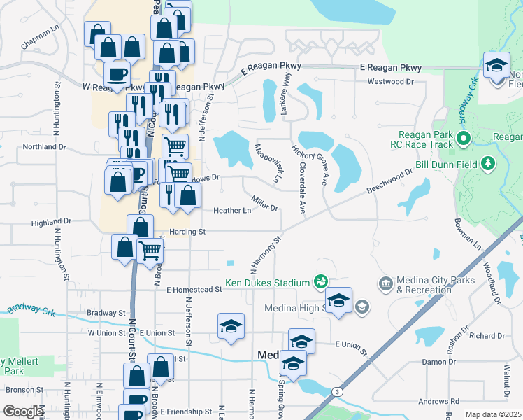 map of restaurants, bars, coffee shops, grocery stores, and more near 450 Heather Lane in Medina