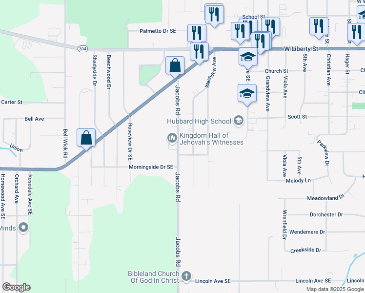 map of restaurants, bars, coffee shops, grocery stores, and more near 294 Jacobs Road in Hubbard