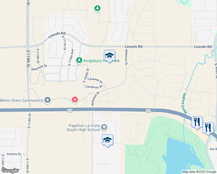 map of restaurants, bars, coffee shops, grocery stores, and more near 10702 Laramie Street in Papillion