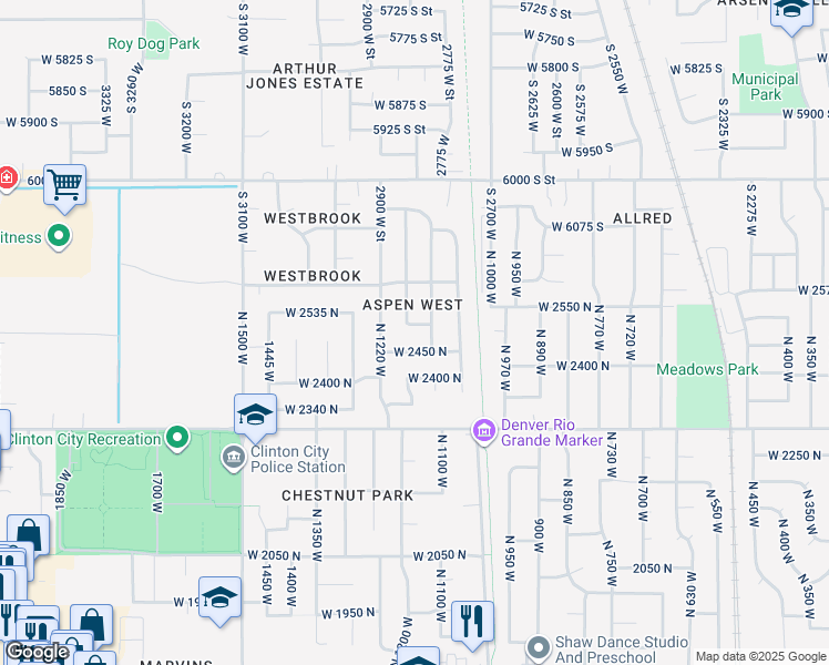 map of restaurants, bars, coffee shops, grocery stores, and more near 1153 West 2500 North in Clinton