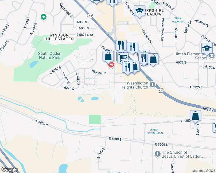 map of restaurants, bars, coffee shops, grocery stores, and more near 1521 East 6225 South in South Ogden