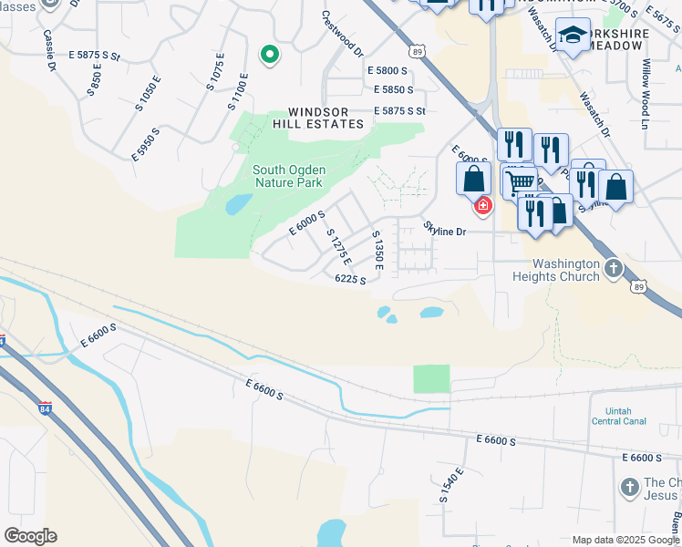 map of restaurants, bars, coffee shops, grocery stores, and more near 1277 6225 South in South Ogden
