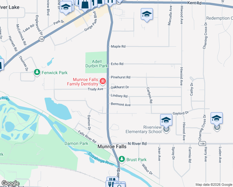 map of restaurants, bars, coffee shops, grocery stores, and more near 27 Lindsey Road in Munroe Falls