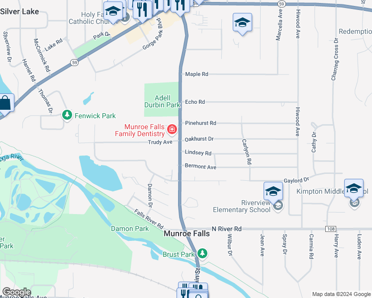 map of restaurants, bars, coffee shops, grocery stores, and more near 27 Lindsey Road in Munroe Falls