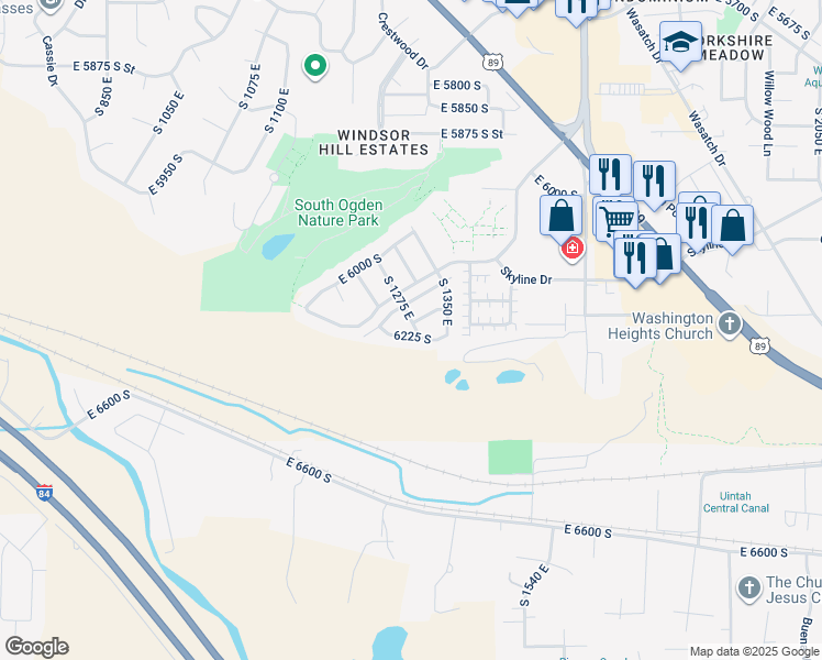 map of restaurants, bars, coffee shops, grocery stores, and more near 6221 South 1275 East in South Ogden