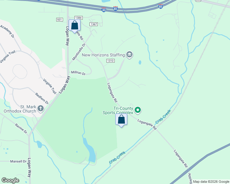 map of restaurants, bars, coffee shops, grocery stores, and more near 4500 Logangate Road in Youngstown