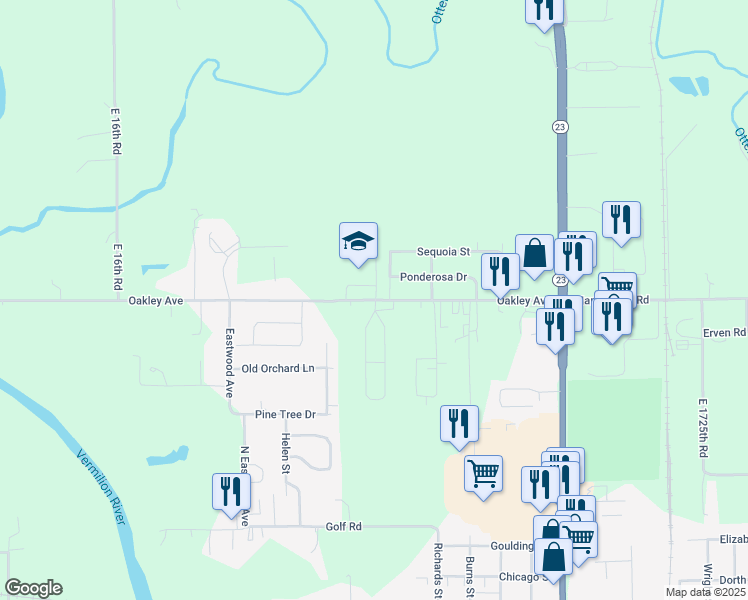map of restaurants, bars, coffee shops, grocery stores, and more near 614 Oakley Avenue in Streator