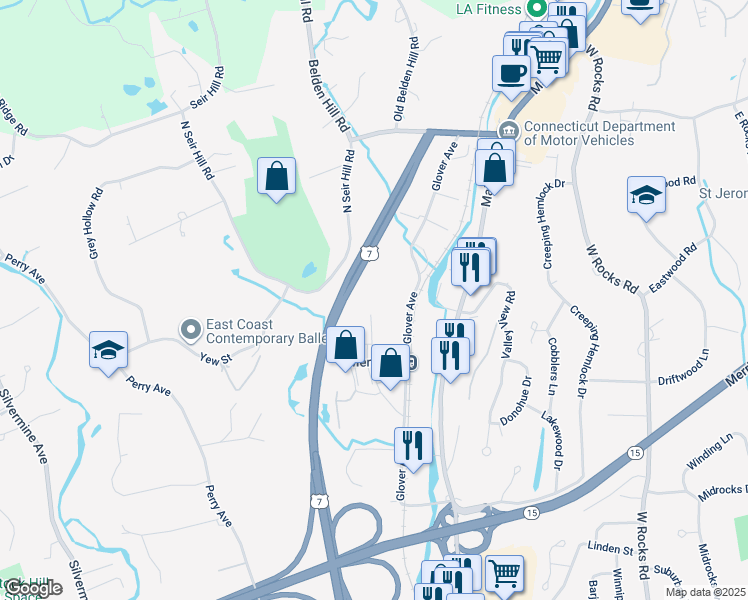 map of restaurants, bars, coffee shops, grocery stores, and more near 34 Oakwood Avenue in Norwalk