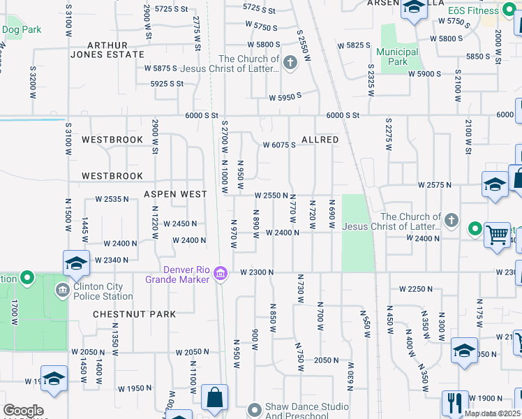 map of restaurants, bars, coffee shops, grocery stores, and more near 2437 North 840 West in Clinton