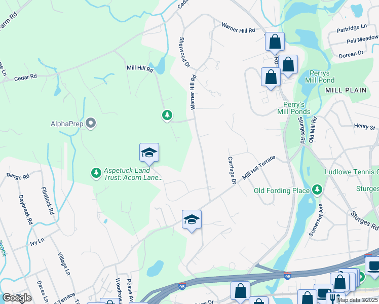 map of restaurants, bars, coffee shops, grocery stores, and more near 805 Mill Hill Road in Fairfield
