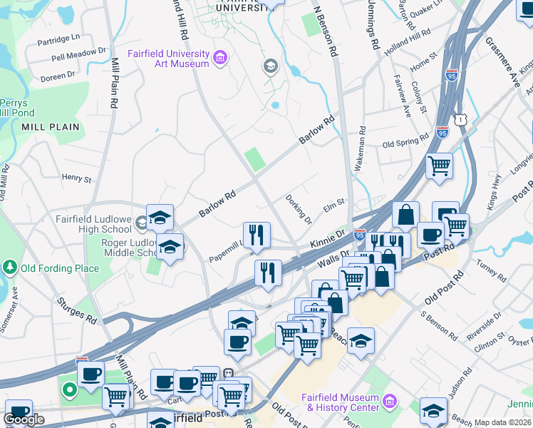 map of restaurants, bars, coffee shops, grocery stores, and more near in Fairfield
