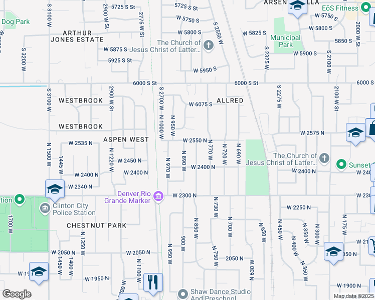 map of restaurants, bars, coffee shops, grocery stores, and more near 2437 North 840 West in Clinton